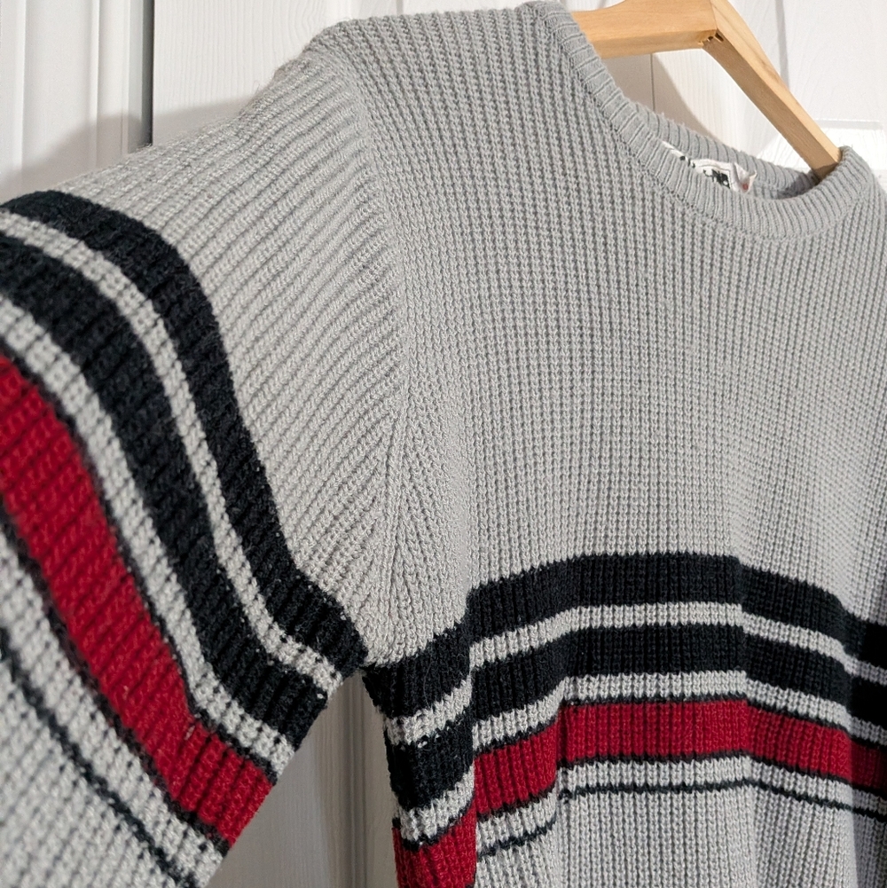 Gender Neutral Grey Striped Crewneck Sweater. Large.